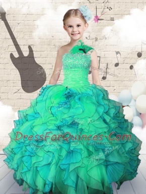 One Shoulder Beading and Ruffles Little Girls Pageant Gowns Turquoise Lace Up Sleeveless Floor Length