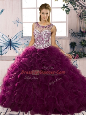 Ideal Floor Length Dark Purple Quinceanera Gown Organza Sleeveless Beading and Ruffles