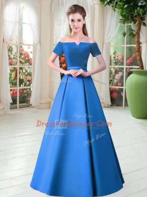 Off The Shoulder Short Sleeves Lace Up Blue Satin