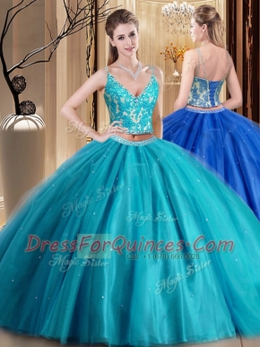 On Sale Tulle Spaghetti Straps Sleeveless Lace Up Beading and Lace and Appliques Ball Gown Prom Dress in Teal