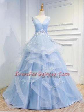 Light Blue A-line V-neck Sleeveless Tulle Floor Length Brush Train Lace Up Beading and Ruffles Prom Evening Gown