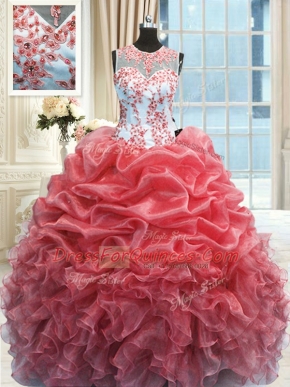 Scoop Watermelon Red Sleeveless Organza Zipper Quince Ball Gowns for Military Ball and Sweet 16 and Quinceanera