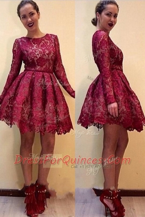 Perfect Scoop Red Long Sleeves Lace Zipper Prom Gown for Prom and Party