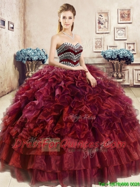 Affordable Beaded and Ruffled Wine Red Sweet 16 Dress in Organza