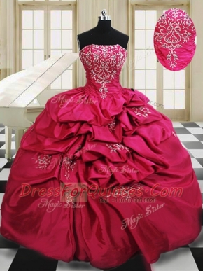 Inexpensive Hot Pink Quinceanera Dress Military Ball and Sweet 16 and Quinceanera and For with Beading and Embroidery and Pick Ups Strapless Sleeveless Lace Up