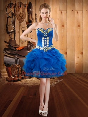 Sweetheart Sleeveless Dress for Prom Mini Length Embroidery and Ruffles Royal Blue Organza