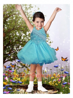 Exquisite V-neck Appliques and Beading 2014 Little Girl Dress with Backless