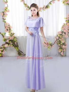Gorgeous Lavender Chiffon Zipper Scoop Short Sleeves Floor Length Dama Dress for Quinceanera Appliques