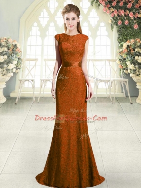 Cap Sleeves Lace Backless Prom Party Dress with Brown Sweep Train