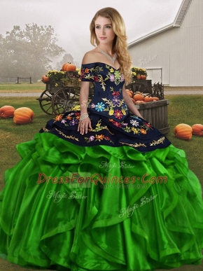 Sophisticated Floor Length Green 15th Birthday Dress Organza Sleeveless Embroidery and Ruffles