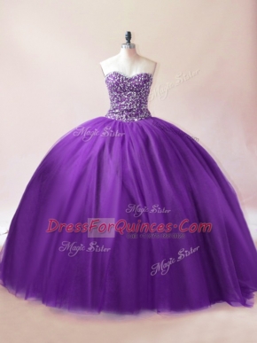 Perfect Purple Lace Up Sweetheart Beading Sweet 16 Dresses Tulle Sleeveless