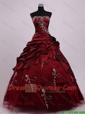 Beautiful Strapless Ball Gown Wine Red Sweet 16 Dresses with Appliques