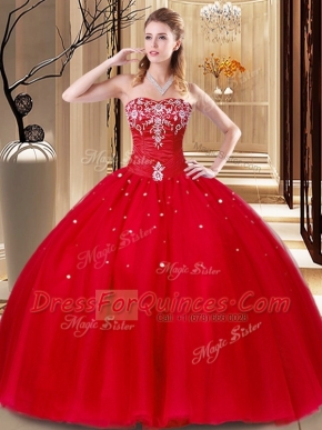 Stunning Red Tulle Lace Up Sweet 16 Dress Sleeveless Floor Length Beading and Embroidery