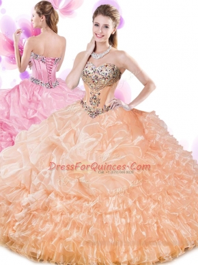 Orange Sweetheart Lace Up Beading and Ruffled Layers and Pick Ups Quinceanera Gowns Sleeveless