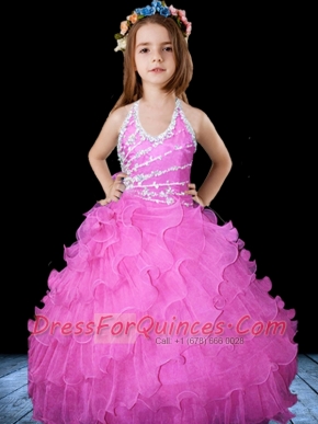 Hot Pink Halter Floor-length Little Gril Pageant Dress with Beading