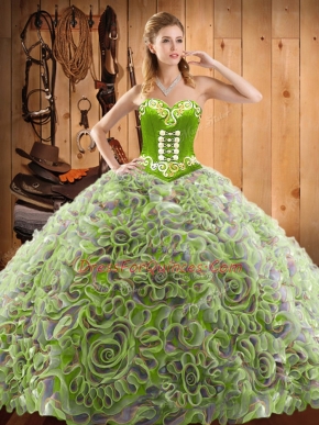 Sweetheart Sleeveless Sweep Train Lace Up Ball Gown Prom Dress Multi-color Satin and Fabric With Rolling Flowers