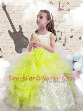 Hot Selling Floor Length Yellow Green Toddler Flower Girl Dress Scoop Sleeveless Lace Up