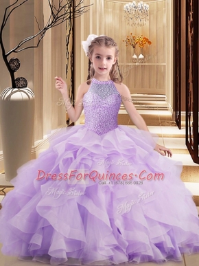 Custom Designed Tulle Sleeveless Floor Length Kids Pageant Dress and Beading and Ruffles