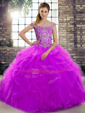 Spectacular Purple Tulle Lace Up Off The Shoulder Sleeveless Sweet 16 Dress Brush Train Beading and Ruffles