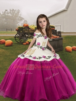 Wonderful Fuchsia Sleeveless Floor Length Embroidery Lace Up Girls Pageant Dresses