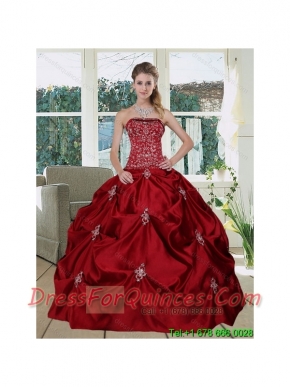 Wine Red  Pretty Strapless 2015 Cheap Quinceanera Gown with Embroidery and Pick Ups