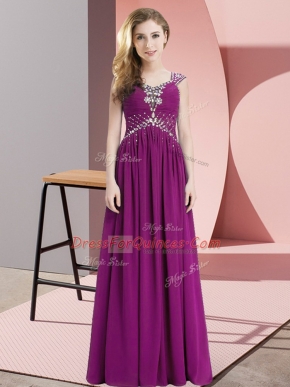 High Quality Straps Cap Sleeves Evening Dress Floor Length Beading Fuchsia Chiffon