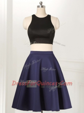 A-line Prom Evening Gown Navy Blue Scoop Satin and Elastic Woven Satin Sleeveless Knee Length Zipper