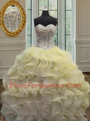Beading and Ruffles Quinceanera Dresses Light Yellow Lace Up Sleeveless Floor Length