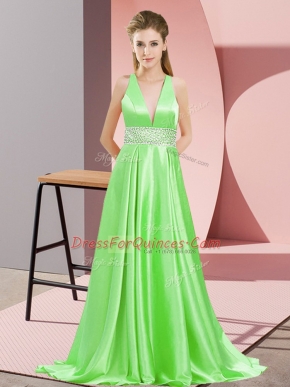 Admirable Prom Dress V-neck Sleeveless Brush Train Backless