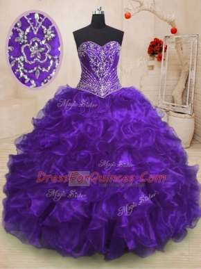 Best Sleeveless Organza With Train Sweep Train Lace Up Sweet 16 Quinceanera Dress in Purple with Beading and Ruffles