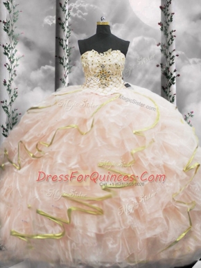 Fashion Beading and Ruffles Quinceanera Gowns Peach Lace Up Sleeveless Brush Train