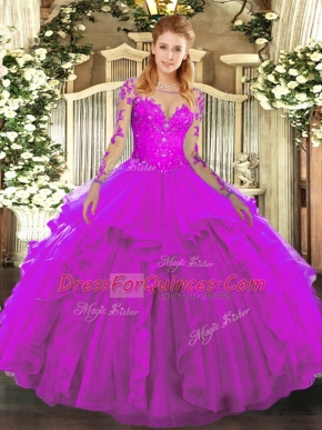 Floor Length Fuchsia Quinceanera Gowns Tulle Long Sleeves Lace and Ruffles