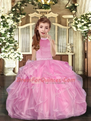 Sleeveless Floor Length Beading and Ruffles Lace Up Pageant Dress with Baby Pink