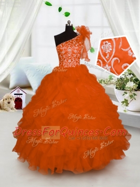 Custom Made Orange Lace Up One Shoulder Embroidery and Ruffles Little Girls Pageant Dress Organza Sleeveless