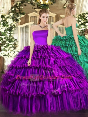 Ideal Purple Ball Gowns Strapless Sleeveless Organza Floor Length Zipper Ruffled Layers Ball Gown Prom Dress