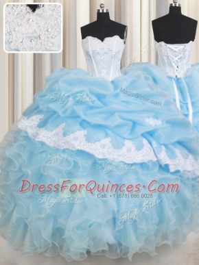 Light Blue Quinceanera Gowns Military Ball and Sweet 16 and Quinceanera and For with Beading and Lace and Ruffles and Pick Ups Sweetheart Sleeveless Lace Up