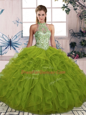 Olive Green Lace Up Halter Top Beading and Ruffles Sweet 16 Quinceanera Dress Tulle Sleeveless