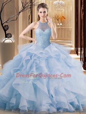 Trendy Blue Sleeveless Brush Train Beading and Ruffles Sweet 16 Quinceanera Dress
