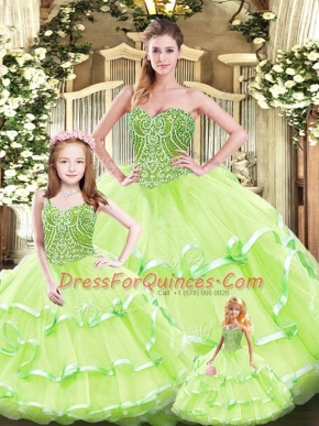 Custom Designed Sweetheart Sleeveless Quinceanera Dress Floor Length Beading and Ruffled Layers Yellow Green Tulle