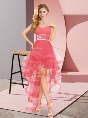 Coral Red Sleeveless High Low Beading Lace Up Vestidos de Damas