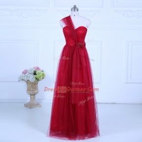 Super Floor Length Wine Red Quinceanera Dama Dress Tulle Sleeveless Ruching
