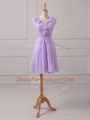 Elegant Lavender V-neck Neckline Lace and Appliques Vestidos de Damas Sleeveless Lace Up