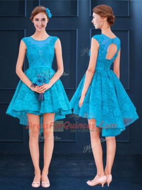 Excellent Baby Blue A-line Lace Damas Dress Lace Up Satin and Lace Sleeveless High Low