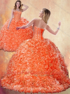 Fashionable Brush Train Orange Quinceanera Dresses with Beading and Ruffles