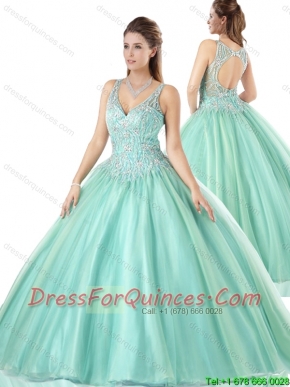 Beautiful V Neck Mint Sweet 16 Gowns with Open Back