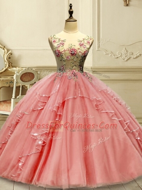 Decent Sleeveless Tulle Floor Length Lace Up Quinceanera Gowns in Watermelon Red with Appliques