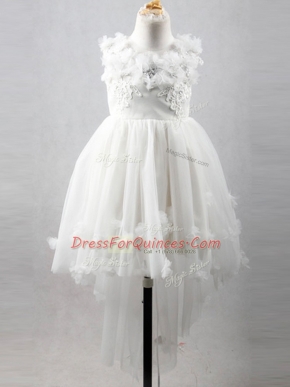 Exquisite Appliques Flower Girl Dress White Lace Up Sleeveless High Low