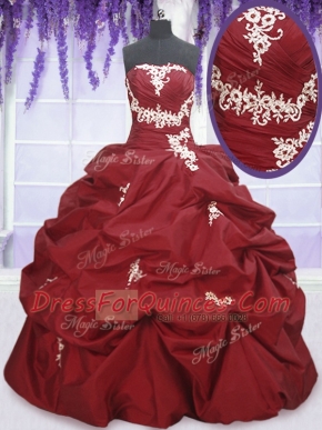 Elegant Wine Red Taffeta Lace Up Strapless Sleeveless Floor Length 15th Birthday Dress Appliques and Pick Ups