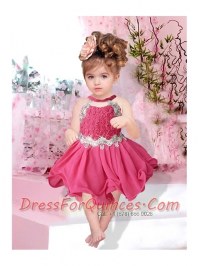 2015 Halter Backless A-Line Knee-length Little Girl Dress with  Appliques and Beading