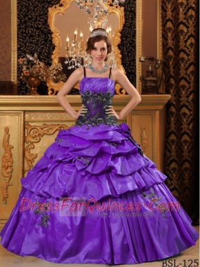 2014 Purple Ball Gown Taffeta Straps Floor-length Cheap Quinceanera Dresses